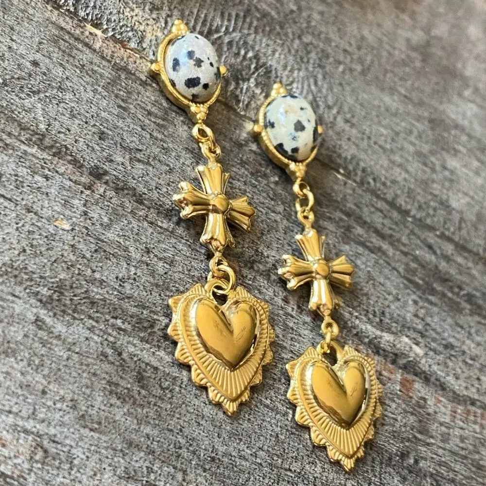 NEW Gold Cross Dalmatian Jasper Heart Dangle Earrings